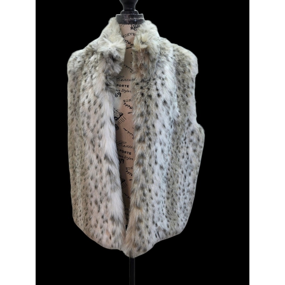Valerie Stevens Faux Fur Vest Snow Leopard Spotted Grey Cream Plush L/XL Vintage